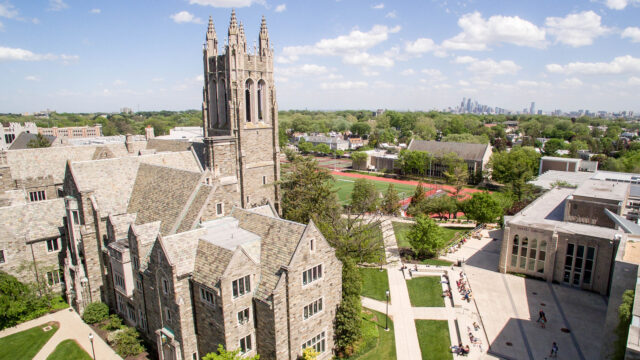 an aerial photo of campus buildings